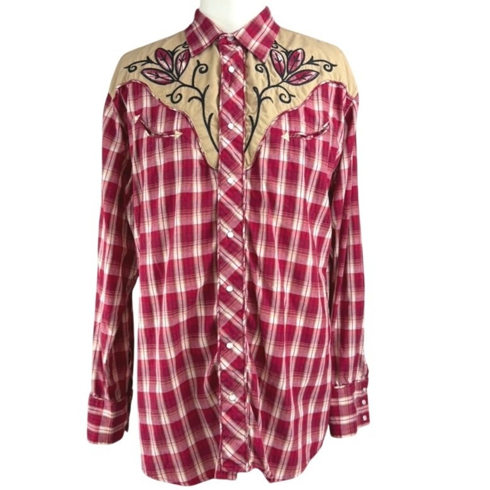 Y2K ROPER Embroidered Pearl Snap Western Shirt|XL|Red Plaid Tan Yoke Rodeo Boho